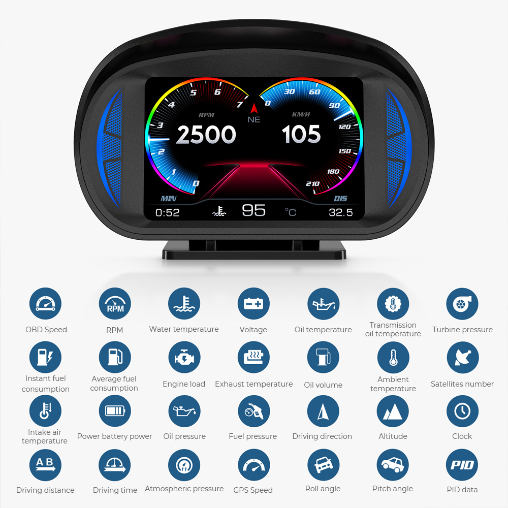 Car Hud Head Up Display Gps - P2 OBD2 HUD เครื่องวัดความชันจีพีเอสมีนาฬิกาแสดงตัวเลขเตือนมีเบรกเทอร์โบทดสอบบนบอร์ดทดสอบคอมพิวเตอร์มาตรวัดความเร็ว Y03เท่านั้น